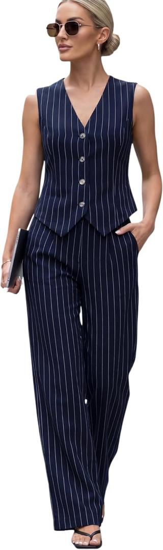 Women's 2 Piece Outfits Linen Vest Waistcoat Dressy Casual Sets Wide Leg Pants Suits (Blue, S)