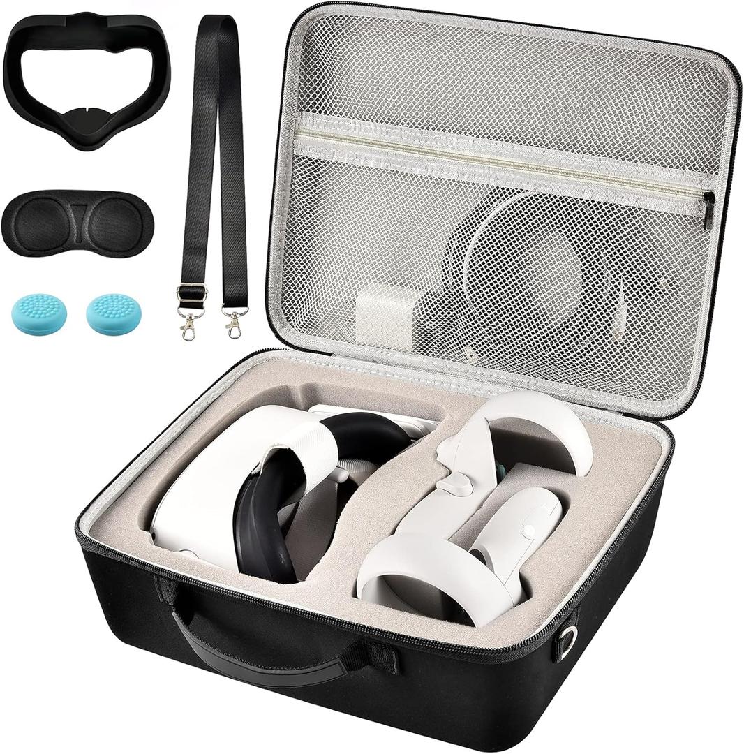 Comecase Hard Carrying Case for Quest 3/ Quest 3S/ for Quest 2 All-in-One VR Gaming Headset and Touch Controllers, Travel Storage Bag with Silicone Face Cover & Lens Protector & Accessories (Black+Grey Spong)