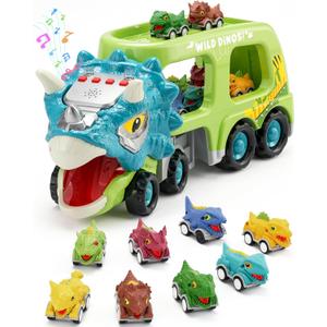 9 in 1 Dinosaur Toys for Boys, Dinosaur Transport Truck with 8 Pull Back Dino Cars, Toys for 3 4 5+ Year Old Toddlers, Birthday for Grandkids, Blue Green
