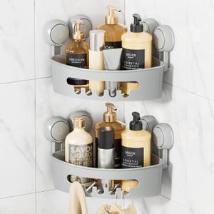 LEVERLOC Corner Shower Caddy Suction Cup, shower shelves suction cup, 2 Pack Basket Powerful Bathroom, Waterproof & Oil-proof Organizer for Kitchen, No-Drilling Removable (Grey)