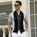 Mens Knit Striped Button Down Shirt Vintage Casual Short Sleeve Old Money Fashion Breathable Top (Black, XL)