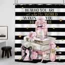 Riyidecor Pink Shower Curtain for Bathroom60Wx72H Inch Black and PinkFashion Designer Cute Shower CurtainsModern Women Girly Stripe Flower Bathroom Decor Fabric Polyester Waterproof Pack of 12 Hooks