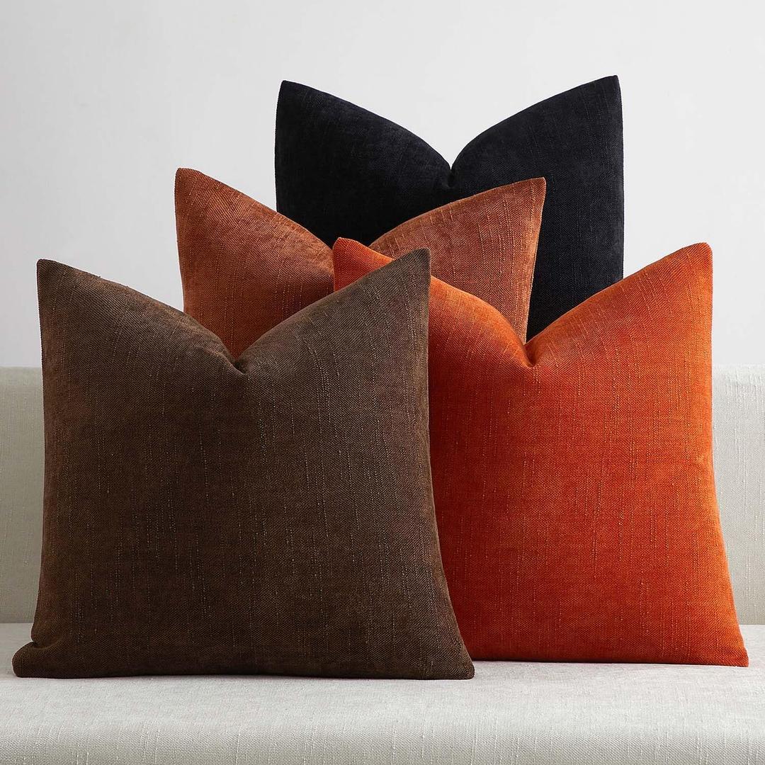 JUSPURBET Throw Pillow Covers 20x20 Set of 4 Decorative Pillow Covers for Couch Sofa Bed Cozy Chenille Cushion Covers Cases with Invisible Zipper for Living Room Home Decor,Pumpkin Black