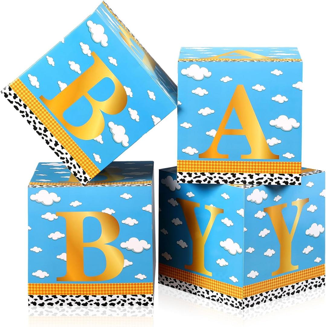 Faccito 4 Pack Cartoon Style Baby Shower Box Inspired Cartoon style Balloon Boxes Blocks Blue Sky Cloud Print Centerpiece Decor for Birthday Gender Reveal Party Decoration
