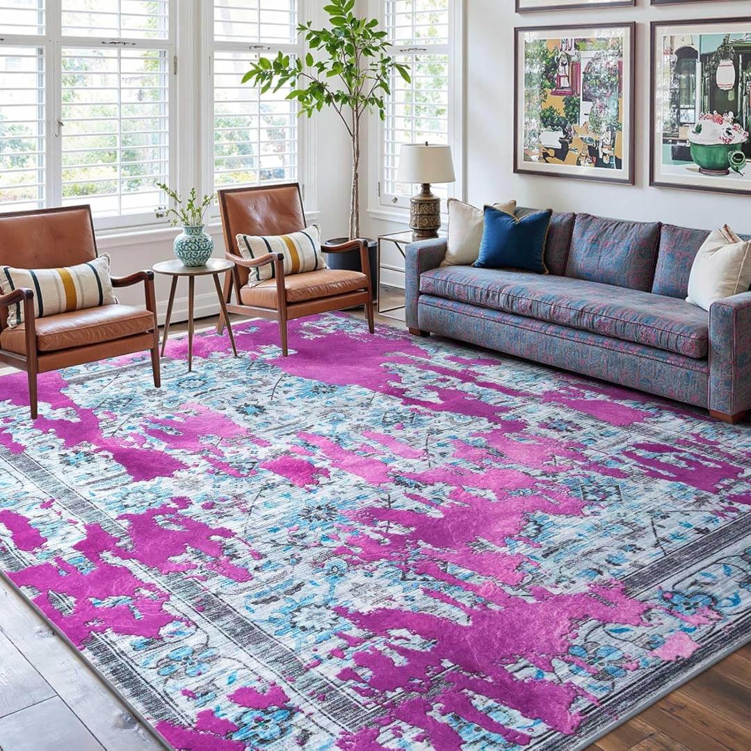 6x9 Ft Large Machine Washable Area Rugs for Living Room, Thin Floral Vintage Print Rug Non Slip Carpet for Bedroom Dining Room Kidsroom Home Decor (Rosy Blue)