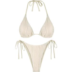 ZAFUL Bikini Sets for Women Halter Two Piece Swimsuit Ribbed High Cut Tie Side Thong Bathing Suit Sexy Padded Swimwear (Large, Beige)