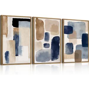 Large Abstract Navy Blue Brown Framed Canvas Wall Art Set,Modern Minimalist Color Blocks Wall Decor,Neutral Geometric Brushstrokes Artwork for Living Room,Bedroom,Office-16 x24 x3