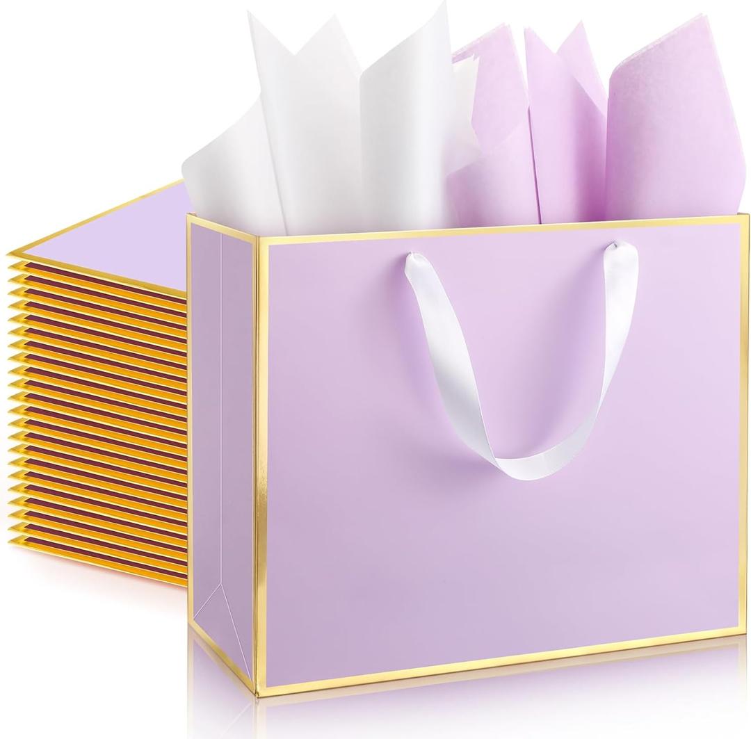 ReliThick 12 Pack 12 Pack Metallic Paper Gift Bag with Handles and Tissue Paper 11.8 x 10 x 4'' Thank You Favor Bag for Wedding Bridesmaid Groomsmen 5 Senses Birthday Gifts (Lavender,Gold)