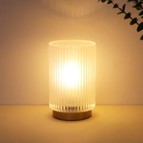 Mirasium Battery Operated Lamp, Cordless Table Lamp with Timer, Desk Bedside Lamps with LED Warm Light, Glass Small Table Lamp for Bedroom, Bathroom, Living Room, Home Decor - Frosted White