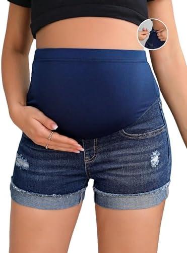 BEAUDRM Women's Maternity Adjustable High Waist Ripped Roll Up Hem Denim Mini Shorts with Pocket Size XL
