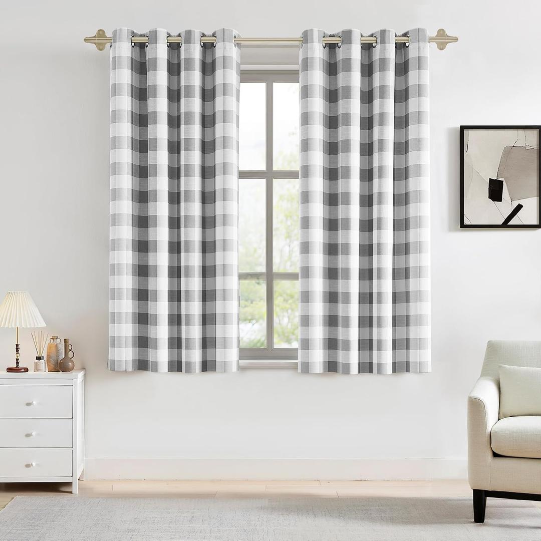 Buffalo Plaid 90% Blackout Window Curtains for Bedroom & Living Room Thermal Insulated Checkered Gingham Drapes with Grommet Top, Farmhouse Rustic Room Darkening 2 Panels 52x63 Inch,Grey/White