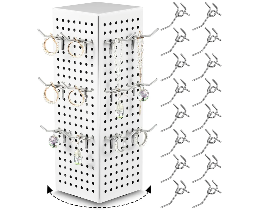 Geelin Rotating Countertop Display Kit with 16 Peg Hooks Four Sided Pegboard Spinner Organizer 4 x 4 x 12 Inches Retail Display Racks Revolving Metal Countertop for Keychain Supplies(White)