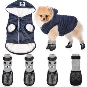 Hooded Puppy Coat and Cat Boots Shoes Socks - Stylish Warm Waterproof Dog Jacket for Small Puppy (Navy Blue, S)