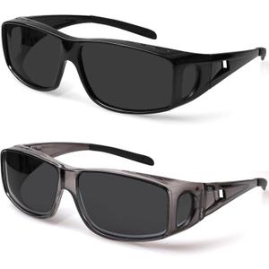 Fit Over Wrap Sunglasses Polarized Lens Wear Over Eyeglasses 100% UV Protection for Men and Women (2 Pack: Black Frame With Grey Lens and Grey Frame With Grey Lens)