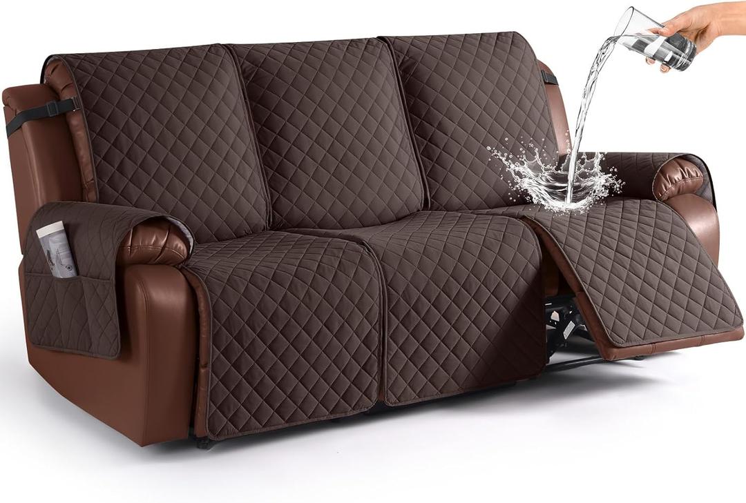 KinCam Waterproof Recliner Sofa Cover, Non-Slip Reclining Couch Covers for 3 Seat, Recliner Couch Cover Furniture Protector with Elastic Straps for Pets, Kids, Chocolate