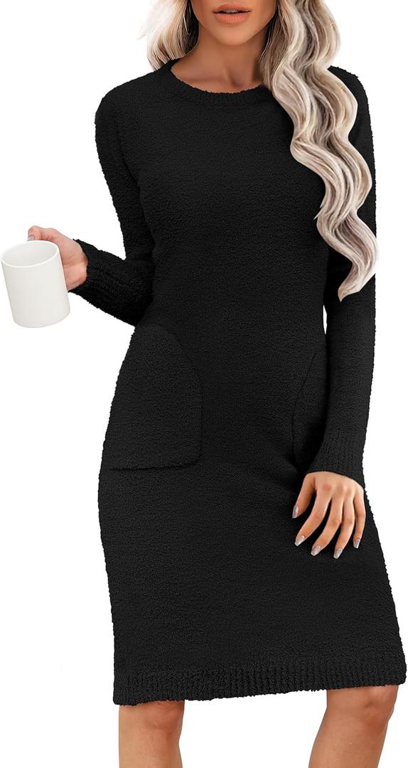 ANRABESS Womens Sweater Midi Dresses Long Sleeve Crew Neck Fuzzy Knit Casual Home Lounge with Pockets, Black, Medium 