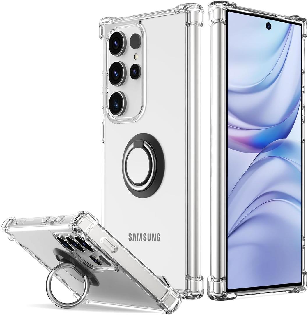 for Galaxy S25 Ultra Case Clear with 360 Rotation Metal Ring Holder Stand, Support Magnetic Car Phone Mount Soft TPU Bumper PC Hard Protective Phone Case for Samsung S25 Ultra 5G (Clear)