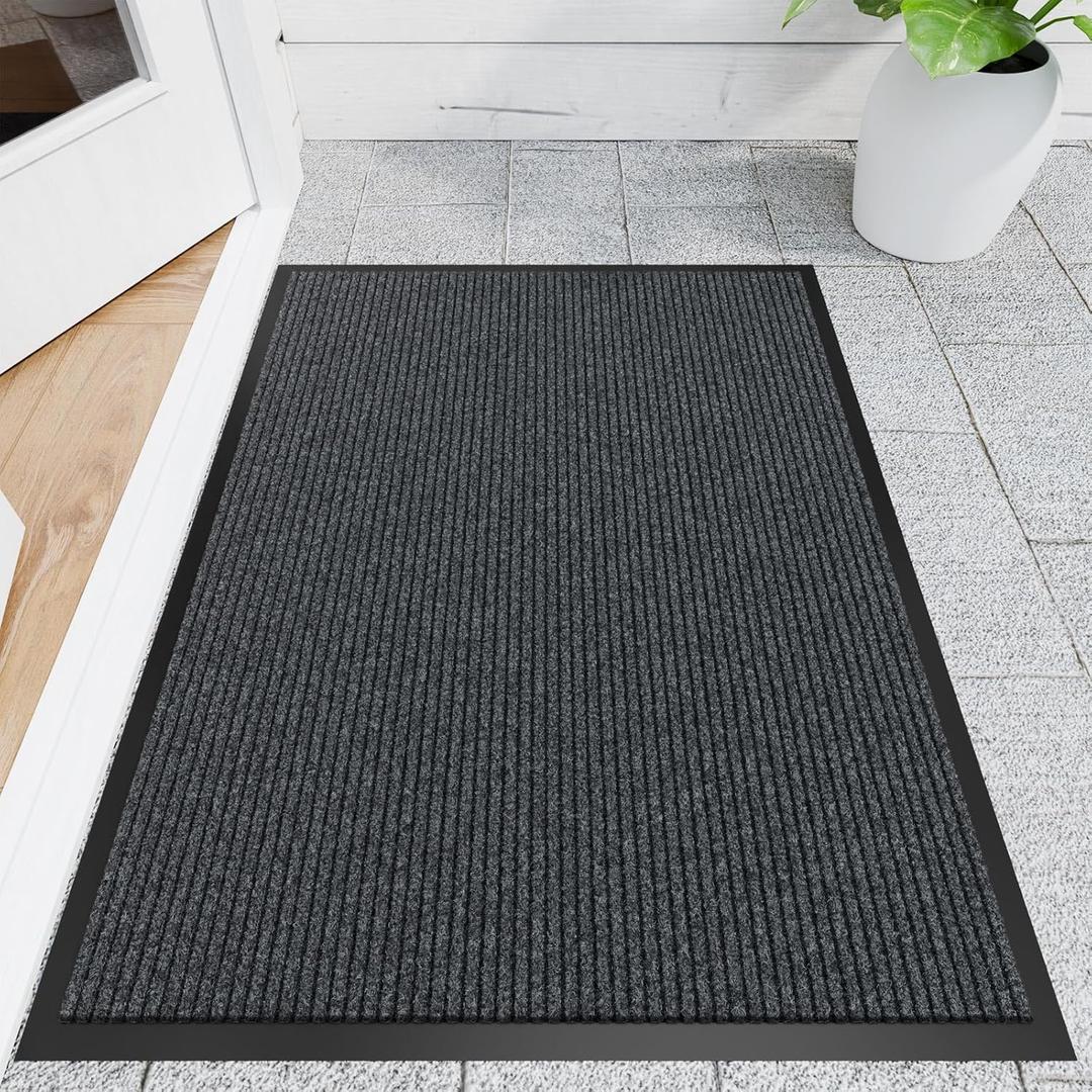 Front Door Mat, 3' x 4' Heavy Duty Indoor Outdoor Door Mat for Entryway, Commercial Door Mats Entrance, Low Profile Welcome Mats Non-Slip, Durable Rubber Backing Entry Mat for Patio, Home (Gray-stripe)