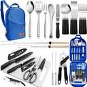 Portable Camping Kitchen Utensil Set-27 Piece Cookware Kit, Stainless Steel Outdoor Cooking and Grilling Utensil Organizer Travel Set Perfect for Travel, Picnics, RVs, Camping, BBQs, Parties and More (blue)