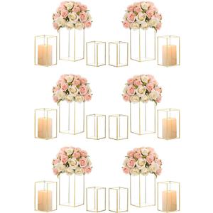 Hewory Glass Hurricane Candle Holder Set of 18, Gold Large Hurricane Centerpiece for Table, Tall Floor Square Pillar Candle Holders Lantern Set for Wedding, Anniversary, Party, Fireplace, Dining Room