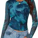 ZESICA Womens Floral Mesh Going Out Tops Fall Long Sleeve Crewneck Slim Fit Ruched Y2k Shirts Beach Vacation Outfits (Medium, Blue)