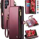 Defencase for Galaxy S25 Ultra Case Wallet with RFID Blocking Card Holder for Women Men, PU Leather Magnetic Snap Flip Wrist Strap Zipper Wallet Phone Cases for Samsung Galaxy S25 Ultra 6.9", Wine Red