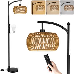 Ambimall Arc Floor Lamp for Living Room with Remote, Color Temperature & Brightness Adjustable, Bohemia Standing Lamp with Rattan & Fabric Double Drum Shades, Bulb Included(Black)
