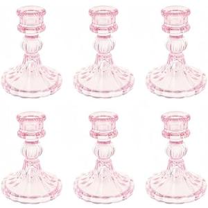ECHFSM Glass Candlestick Holder,Striped Taper Candle Holders,Set of 6 Candle Stand for Table Centerpieces, Home Decor,Weddings,Festival and Parties (Pink Stripe Pattern)