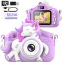 Kids Camera for 3-8 Years Old Toddlers Childrens Boys Girls Selfie Camera 20 MP HD 1080P IPS Screen Dual Digital Toy Camera for Kids Christmas Birthday Gifts with 32Gb Card (White Purple-Unicarn)