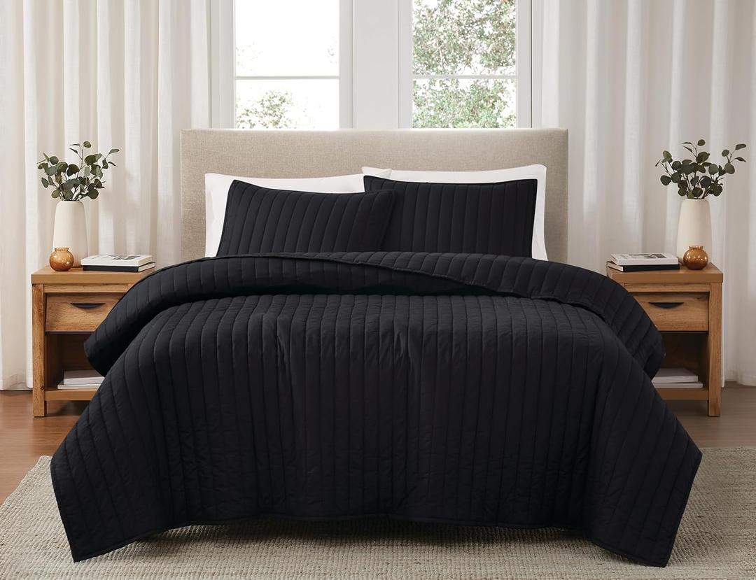 Brooklyn Loom Solid Cotton Percale Black Full/Queen 3 Piece Quilt Set, Solid Color Themed, Oeko-TEX Certified Confidence