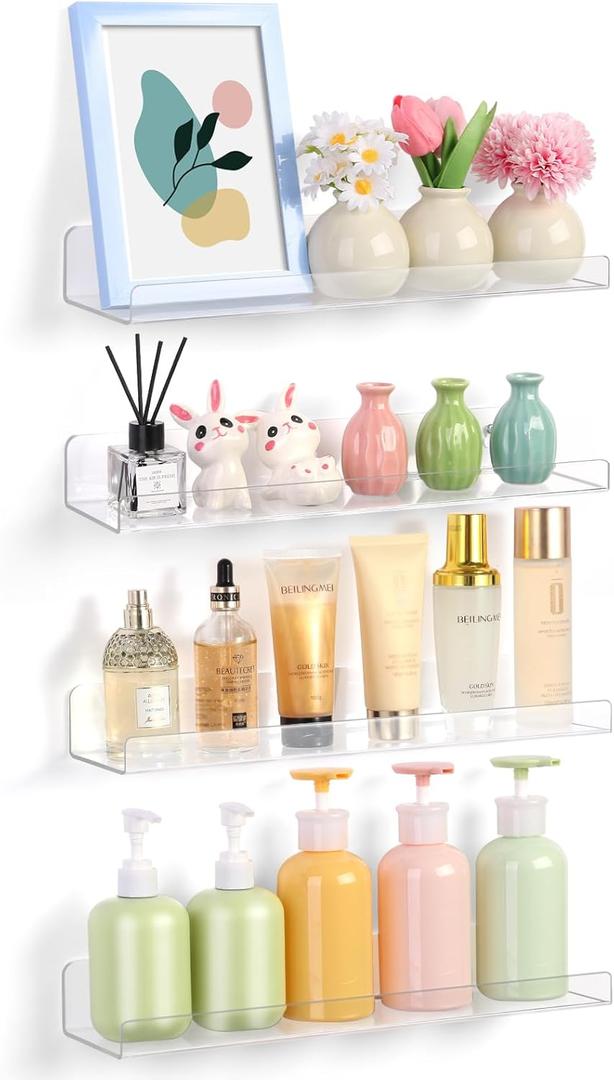 4 Pack Acrylic Shelves for Wall Storage, 15" Floating Bookshelves for Kids, Display Shelf Organizer for Bathroom, Bedroom, Living Room Decor, Kitchen, Clear
