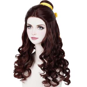 Wiggy Mermaid Prestyled Brown Curly Wig for Women + Yellow Ribbon + Detachable Bun, 60cm Long Brown Wavy Hair Wig with Wig Cap for Halloween Costume Cosplay