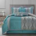 King Comforter Set, Blue, 7 Pieces in a Bag, Ultra Soft Jacquard with Solid Piecework, Luxury Bed Set with Comforters, Bed Skirt, Pillow Shams and Decorative Pillows