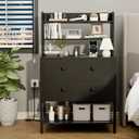 24 Inch Wide Night Stand, Large Wooden Night Stand with 2 Adjustable Drawes, Tall Nightstand with 4-Tier Shelves and Charging Station, Bedside Table for Living Room/Bedroom/Office, Black.