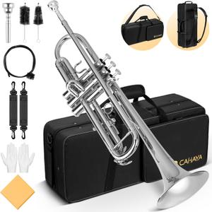 CAHAYA Bb Trumpet Instrument Trompeta: Nickel Student Trumpet with Hard Case 7C Mouthpiece Gloves Standard Trumpets for Beginners or Advanced Students Silver
