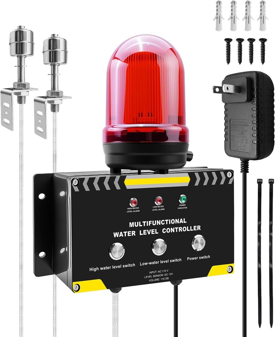 110V Sump Pump Alarm, High Low Water Alarm Alert with Dual Probes | For Water Tank Septic Basements Pond Swimming Pool, 110dB Audible and Flashing LED Alarm, 16FT Adjustable Cable