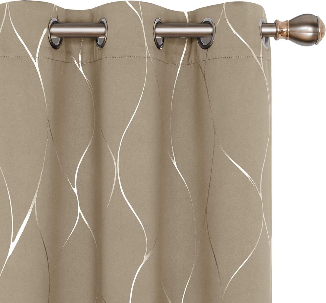 Deconovo Blackout Curtains - Silver Wave Line Print, Thermal Insulated, Noise Reducing, Privacy Drapes for Bedroom & Living Room (42W x 108L Inch, Khaki, 2 Panels)