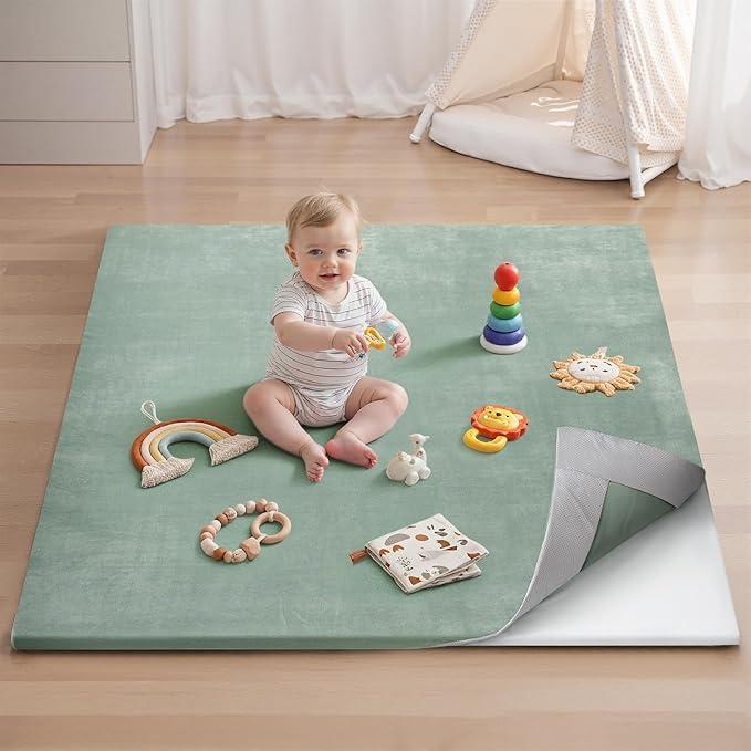 Blissful Diary Ultra Soft Baby Play Mat, 50x50 Floor Mat with Removable & Washable Slip-On Cover for Babies and Toddlers Infants, Sage Green