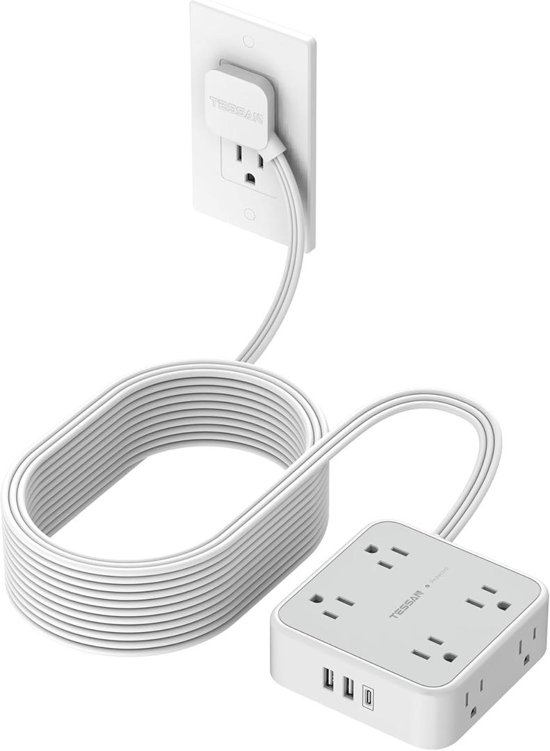 Flat Plug Long Extension Cord 25 Ft, TESSAN Power Strip Surge Protector with 8 Outlets 3 USB Ports (1 USB C), 900J Protection Desktop Charging Station for Home, Office, Dorm Room Essentials (Grey)