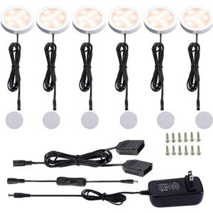 AIBOO 12V LED Under Cabinet Lights Kit 6 Pack Black Cord Aluminum Puck Lamps for Kitchen Counter Closet Lighting with Manual on/Off Switch 12W 6 Lights (2700K Warm White)
