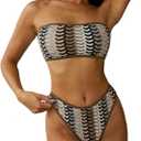 ZAFUL Women Strapless Textured Bandeau Bikini 2 Piece Swimwear Cheeky Solid Lace up Bathing Suits (M)