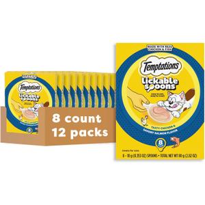 Temptations Lickable Spoons Adult Wet Cat Treat, Tasty Chicken and Savory Salmon Flavor, 8 Spoons, Pack of 12 (96 Total)