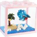 Small Betta Fish Tank, Stackable Mini Aquarium Tank Kit with Aquarium Gravel Pearl Decoration, 3/5 Gallon Fish Bowl Tiny Cube Tank for Seaweed Balls Sea Monkeys, Pink