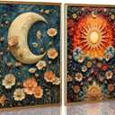 2Pcs Celestial Canvas Wall Art Vintage Tarot Mystical Moody Sun and Moon Floral Painting Picture Wall Decor Posters Print Artwork for Living Room Bedroom Home Decoration Unframed (24L" x 16W")