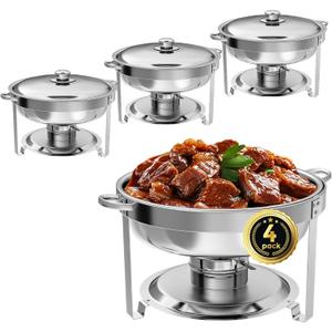 IMACONE Chafing Dish Buffet Set 4 Pack, 5QT Round Stainless Steel Chafer for Catering, Upgraded Chafers and Buffet Warmer Sets with Food & Water Pan, Lid, Frame, Fuel Holder for Event Party Holiday