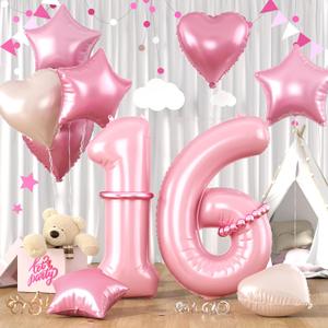 Pastel Pink 16 Balloons, Baby Pink 16 16th Number Balloons Set, Pink Foil Star Heart Balloon With Long Balloon For Girls Women 16th 6th 16 61 Years Old Birthday Party 1st Baby Shower Decoration