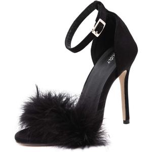 MMJULY Women's Open Toe Ankle Strap Fluffy Feather Stiletto High Heel Dress Sandal (8, Black)