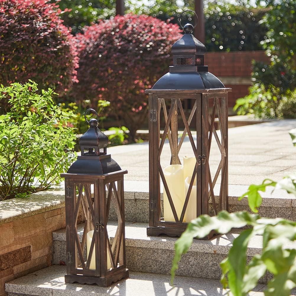 Glitzhome 2 Pack Farmhouse Wood/Metal Decorative Candle Lanterns Vintage Hanging Lantern for Patio - Tabletop, Black (No Glass) (Diamond Black)