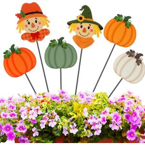 6 Pcs 12'' Thanksgiving Garden Stakes Pumpkin Scarecrow Maple Leaves Fall Metal Yard Sign Yard Stakes Outdoor Thanksgiving Decorations for Planter Lawn Patio Walkway Porch (Cute Style)