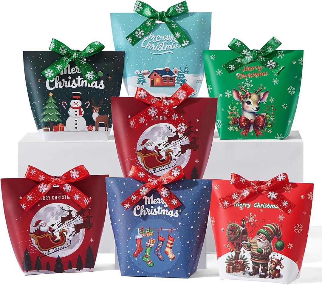 SLShePack 24PCS Christmas Treat Boxes with Ribbons,6 Patterns Gift Bags for Coworkers Decorations Boxes Party Favors BagsL3.5 x W2.2 x H5.0 inches